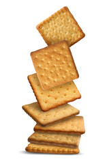 Tasty dry crackers falling on white background