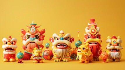 Various design ornaments and cute character writing with giant Chinese brush isolated on yellow background.