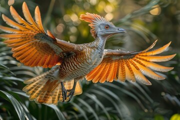 This remarkably detailed image captures the dynamic motion of an orange-colored bird taking flight above a lush green foliage