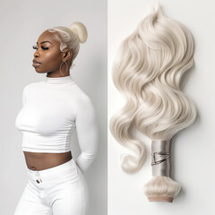 Collage of closeup silky platinum blonde wavy wig hair swatch African American black woman wearing weave shiny white color dye tone samples chart beauty hairdresser beauty salon stylist hairstyle