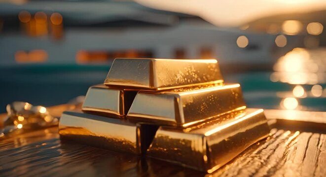 Gold bars on a wooden table with a blurred yacht in the background