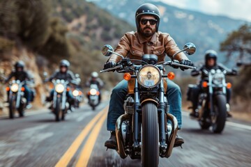 Fototapeta na wymiar A focused man leads a pack of bikers down a winding road, symbolizing freedom and adventure