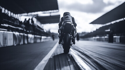 A motorcycle is on a race track with a man on it. The man is wearing a helmet