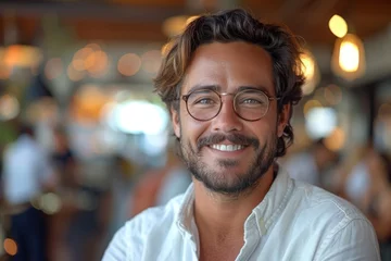 Foto op Plexiglas A young man with curly hair and glasses beams a friendly smile, showcasing charisma and approachability © Larisa AI