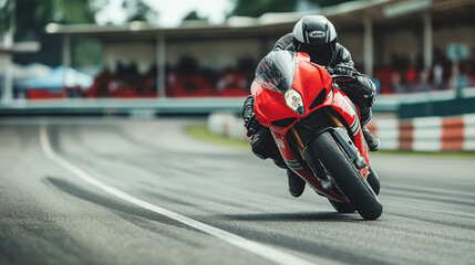 A man is riding a red motorcycle on a track. The motorcycle is turning and the rider is leaning...