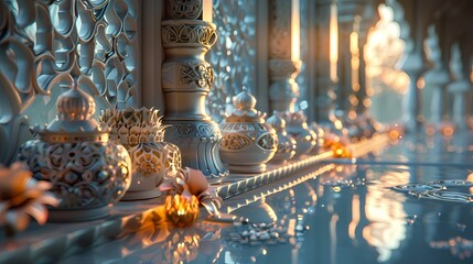 "Ramadan Mubarak" displayed in elegant script, its golden hues shimmering against the pristine white background, the HD camera capturing the scene with breathtaking realism and clarity
