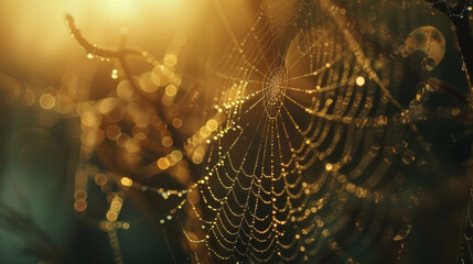 Macro photography of a dewy spider web sparkling in morning light - obrazy, fototapety, plakaty
