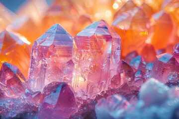 Close-up of shimmering crystal formations with rich, vibrant colors ranging from pinks to blues in a high-resolution image - obrazy, fototapety, plakaty