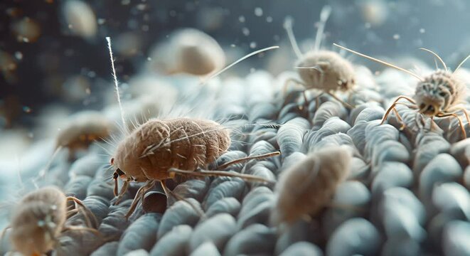 Microscopic view of dust mites on a fabric surface