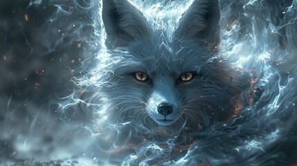 Primordial Majesty. White-Furred Fox Emerging from Veil of Mist, Emanating Aura of Myth and Legend. - obrazy, fototapety, plakaty
