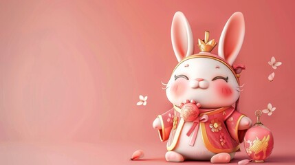 A cute bunny holding a doufang on a pastel pink gradient background.