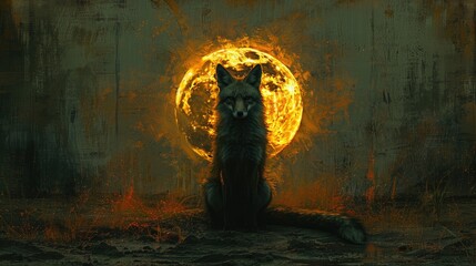 Ancient Fox Silhouetted Against Full Moon, Radiating Aura of Power and Authority. - obrazy, fototapety, plakaty