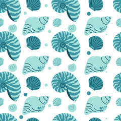 Seamless pattern with blue sea shells. Blue sea shells seamless pattern. Trendy pattern of seashells for wrapping paper, wallpaper, stickers, notebook cover.
