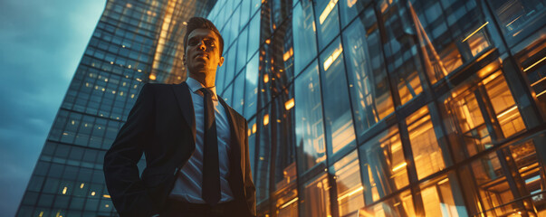 Confident young businessman in suit standing outside modern building at dusk