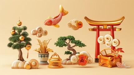 Koi fish, Japanese pine tree, gold cloud decoration, treasure box, and gold plaque are part of this 3D auspicious CNY element set which is isolated on a beige background.