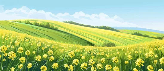 Fotobehang Yellow flowers covering a vast field, set against a clear blue sky in the background © AkuAku