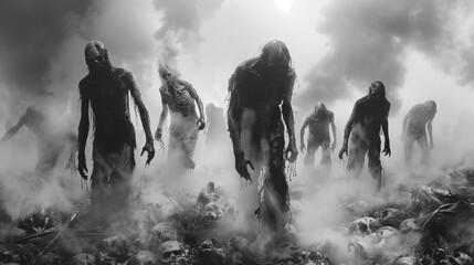zombies walking, black and white theme - obrazy, fototapety, plakaty