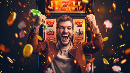 Engaging Casino Theme Banner with Slot Machine Illustration. Banner template for online games and entertainment websites. - obrazy, fototapety, plakaty
