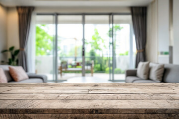 Empty wooden counter top table with blurry living room in the background. Minimalistic modern interior.