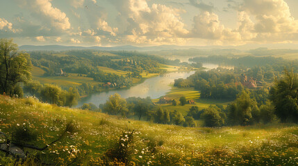 Naklejka premium landscape of nature with tree and river in the morning