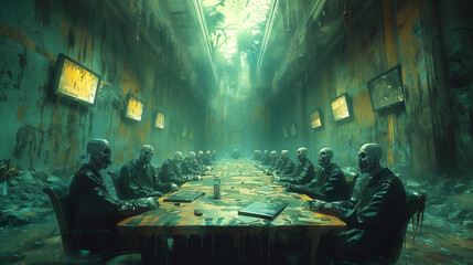 Zombies are in a meeting room, work hard until death concept
