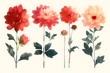 Colorful flowers hand drawn collection isolated on white background