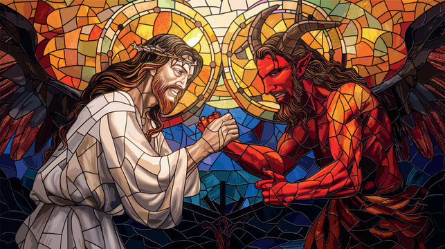 Colorful stained glass illustration of Jesus Christ  vs Satan lucifer the devil