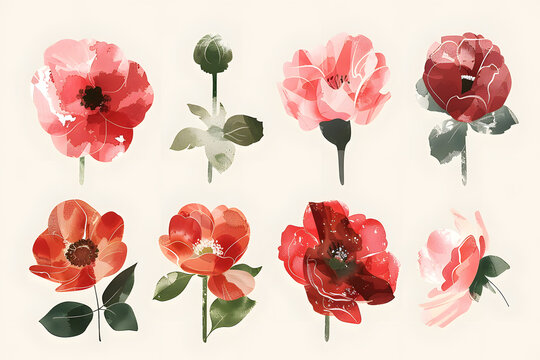 Colorful flowers hand drawn collection isolated on white background