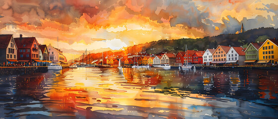 Watercolor painting illustrations Bergen, Norway.View of historical buildings in Bryggen- Hanseatic wharf in Bergen, Norway. UNESCO World Heritage Site - obrazy, fototapety, plakaty
