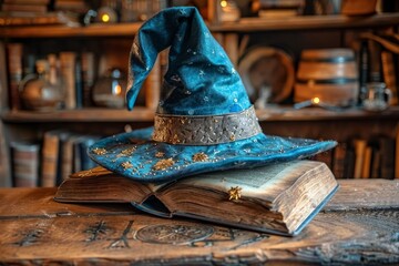 An ornate wizard hat rests on an open dusty book surrounded by magical items in a mystical setting