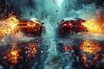 Two powerful sports cars speed through a rain-soaked street, leaving a trail of water splashes in a...