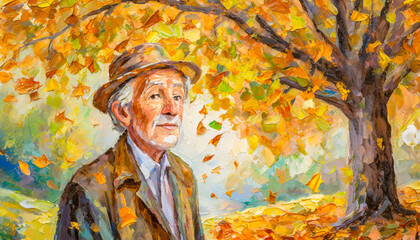 Old man, golden leaves falling around him.
