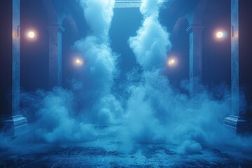 A dense cloud of smoke engulfs an imposing corridor lit by intermittent lights, suggesting an air of suspense and intrigue