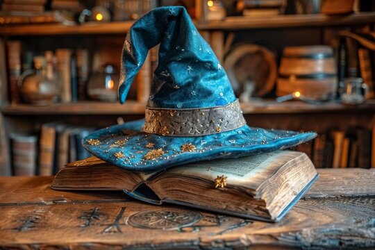 An ornate wizard hat rests on an open dusty book surrounded by magical items in a mystical setting