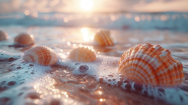 A collection of sea shells arranged on the sunlit edge of the shore.