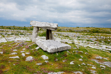 Poulnabrone Dolmen in Ireland, Uk. in Burren, county Clare. Period of the Neolithic with...