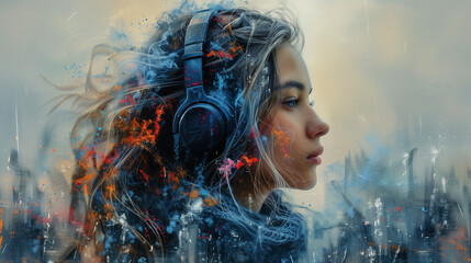 woman listening music from headphone - obrazy, fototapety, plakaty