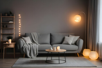 Interior of living room with cozy grey sofa, armchair and glowing lamps. 3d rendering