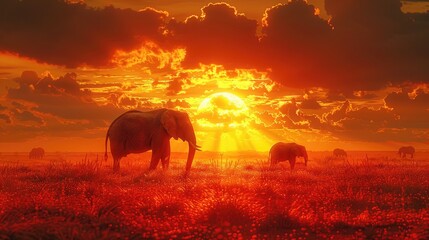 Desert-adapted Elephant Silhouetted Against a Fiery Sunset in the Arid Landscape. - obrazy, fototapety, plakaty