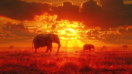 Zelfklevend Fotobehang Desert-adapted Elephant Silhouetted Against a Fiery Sunset in the Arid Landscape. © pengedarseni