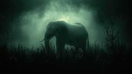 Elephant Emerging from Dense Fog in a Mystic Forest, Illuminated by Mysterious Light Rays. - obrazy, fototapety, plakaty