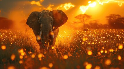 African Elephant Grazing Peacefully in the Golden Light of Sunset. - obrazy, fototapety, plakaty