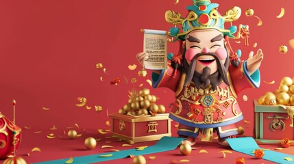 A 3D banner for Chinese New Year showing a god of wealth standing on a blue ribbon path. Backside of the banner shows a treasure box full of gold. Text:Wishing wealth comes to you. Welcome Caishen.