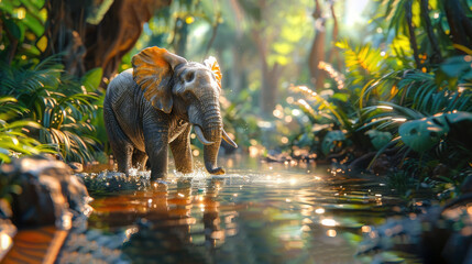 Asian Elephant Bathing Playfully in a Sunlit Waterhole Amidst Lush Greenery. - obrazy, fototapety, plakaty