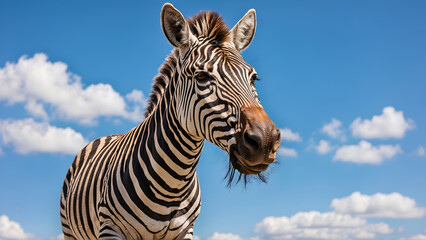 Low angle view of zebra looking at camara against blue sky 