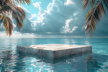 A digital art concept showing a reflective marble platform floating in a calm ocean under a cloudy sky with palm silhouettes - obrazy, fototapety, plakaty