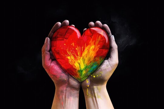 Paint-covered hands tenderly cradle a bright, cracked heart against a dark background, symbolizing hope and healing. Artistic Hands Holding a Cracked Heart