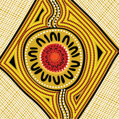 Artistic illustration of yellow aboriginal dot painting