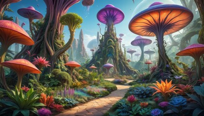 Fototapeta premium An imaginative depiction of a fantastical valley with towering mushrooms and vibrant flora. This image encapsulates a whimsical journey through an otherworldly landscape.. AI Generation