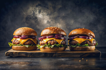 Deliciosas hamburguesas caseras con queso y cebolla. Tres ricos bocadillos de carne con queso derretido y lechuga sobre fondo oscuro.